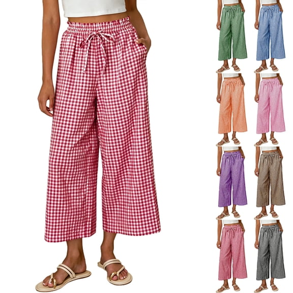 Women's Wide Leg Capri Pants Cropped Palazzo Summer Beach Vacation Casual Pants with Pockets Drawstring Purple XL(XL)