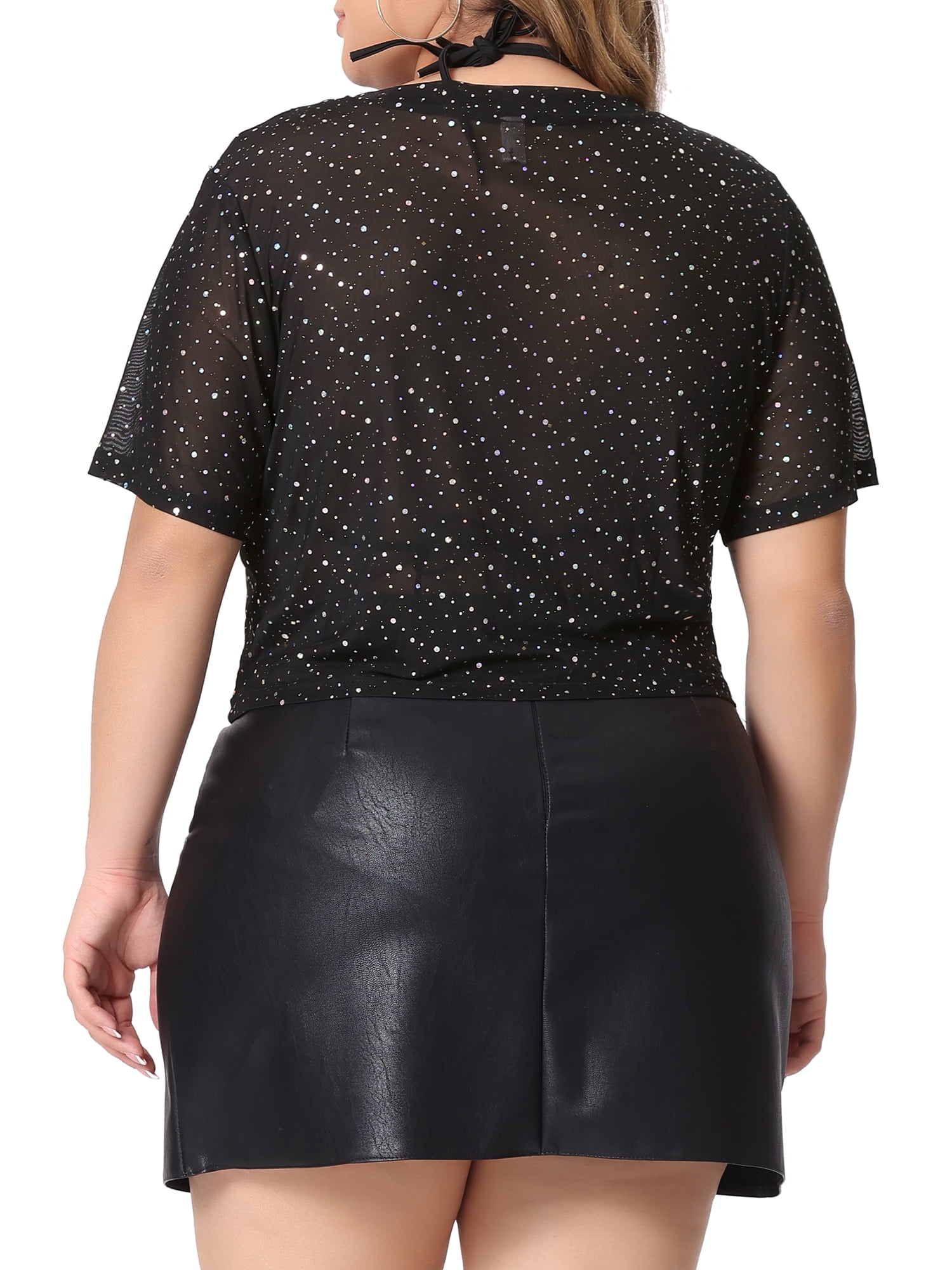 Unique Bargains Women's Plus Size Mesh Top Round Neck Short Sleeve Sheer Crop Tops 2X Black Dots Print