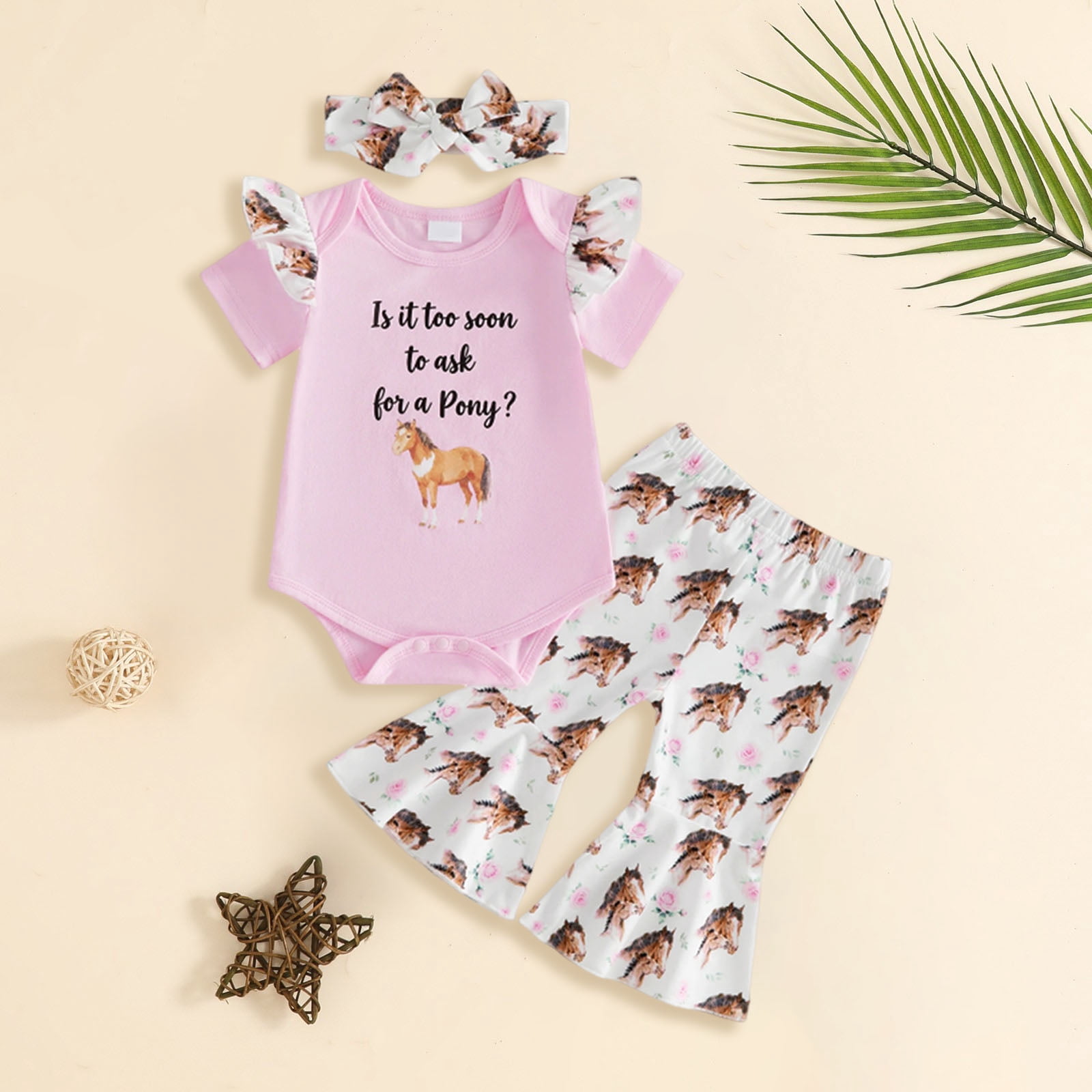 Faraee Baby Girl Clothes Newborn Outfits with Headband Letter Short Sleeve Romper Cow Print Flare Pants 3Pcs Summer Set (3-6M,Pink)