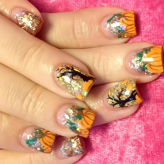 Pumpkin Leaf Art Short False Nails Art Easy to Apply For Halloween Event Everyday Use
