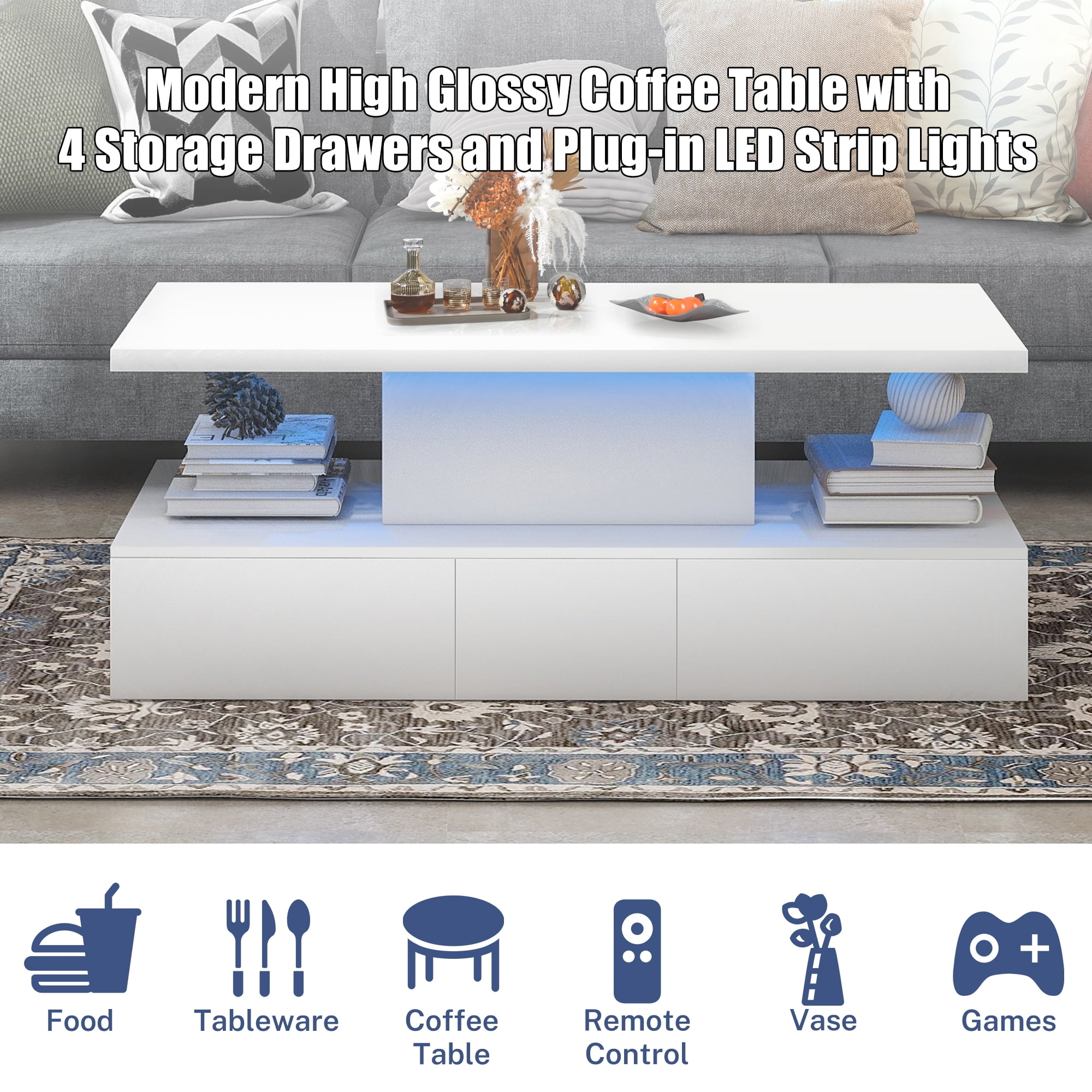 White LED Coffee Table for Living Room, PAPROOS Modern High Glossy Center Table with 4 Drawers, Smart Cocktail Table Rectangle, Sofa Side Tea Tables with LED Lights, 41"L×25"W×16"H