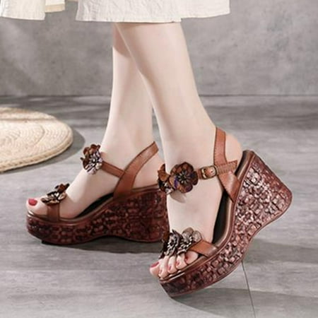 

HAOTAGS Women s Summer Dressy Wedge Sandals Platform Breathable Open Toe Walking Shoes Brown Size 5.5