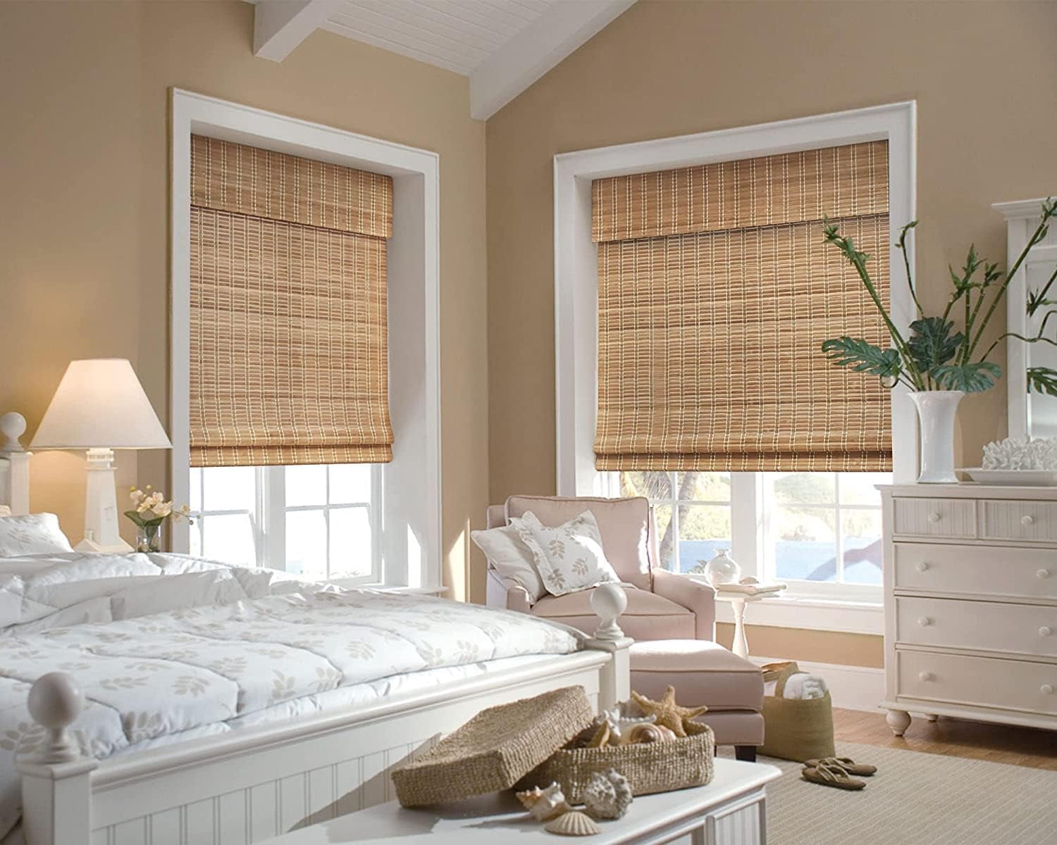 LazBlinds No Tools No Drill Cordless Bamboo Roman Shades, Light Filtering Window Treatment, Roll Up Bamboo Blinds for Window 30'' W x 48'' H, Brown