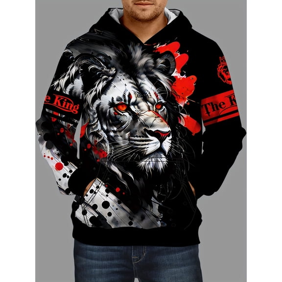 Men's 3D Lion Graphic Hoodie, Slightly Stretchable Breathable 3D Printed Hooded Sweatshirt for Outdoor Activities, Men's Clothing
