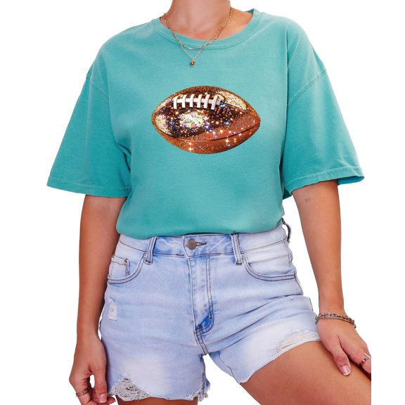 Glitter Football Graphic Shirt for Women and Teens Fall Football Season Oversized Tee Seafoam Shirt Adult X-Large
