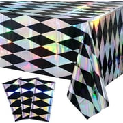 6 Pack Black and Iridescent Diamond Checkered Plastic Tablecloths, Black Gingham Plastic Table Cover, Holographic Foil Rectangle Tablecloth for Wonderland Picnic Camping Oktoberfest Party