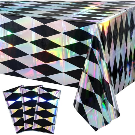 6 Pack Black and Iridescent Diamond Checkered Plastic Tablecloths, Black Gingham Plastic Table Cover, Holographic Foil Rectangle Tablecloth for Wonderland Picnic Camping Oktoberfest Party