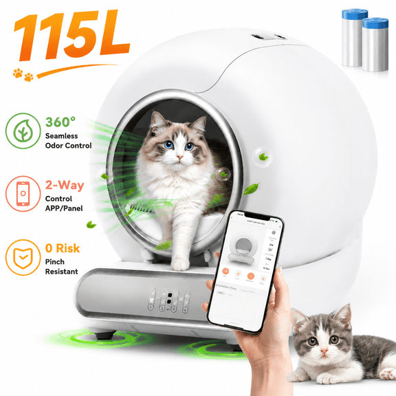 115L Cat Litter Box Self Cleaning Automatic Litter Box for Multiple Cats, APP + Panel Control,Odor Removal Technology, 100% Safe Anti-Pinch Structure, Self Cleaning Litter Box w/ 2 Roll Liners
