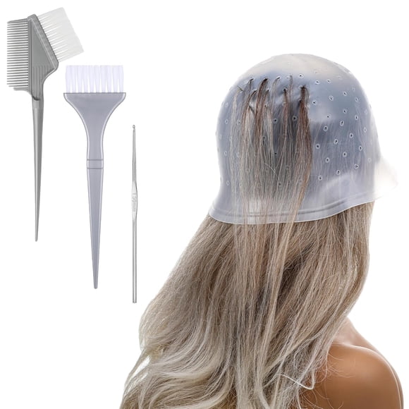 One reusable silicone highlighting cap set, including one crochet hook and two hair dyeing brushes.  A professional hair salon tool for easy hair highlighting.,Transparent