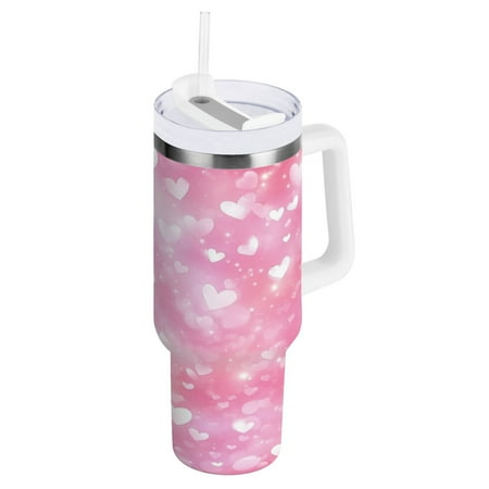 

Stainless Steel Tumbler with Straw and Handle Double Wall Insulated Tumblers Pink Background with Lots Of Hearts