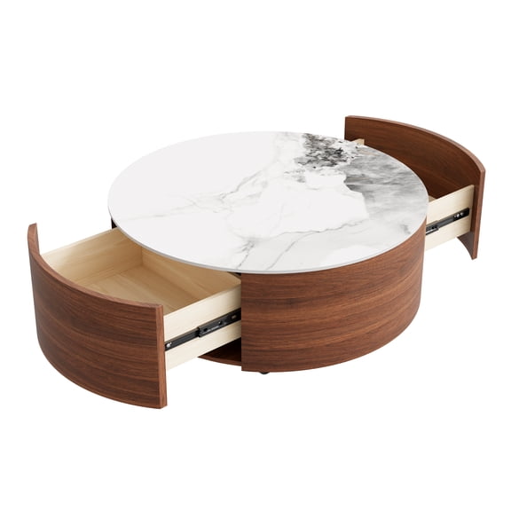Round Movable Coffee Table with Casters, 2 Drawers, Marble Pattern Sintered Stone Top, Walnut, 29.5"