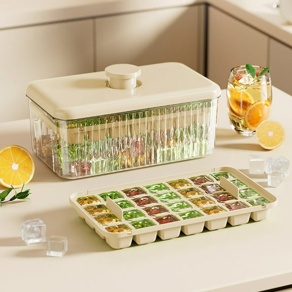 PPLoney Double Layer Ice Cube Tray with Ice Scoop - 2L Large Capacity Fast Freeze Ice Maker for Refrigerator - BPA Free Plastic Ice Cube Mold Makes 56 Cubes (Green/Beige)