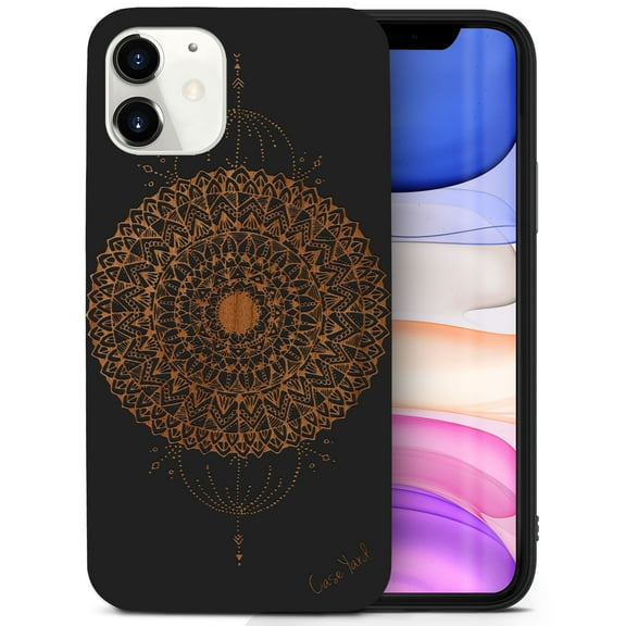 Case Yard Wooden Case for iPhone-11 Soft TPU Silicone cover Slim Fit Shockproof Wood Protective Phone Cover for Girls Boys Men and Women Supports Wireless Charging Mini Mandala Design