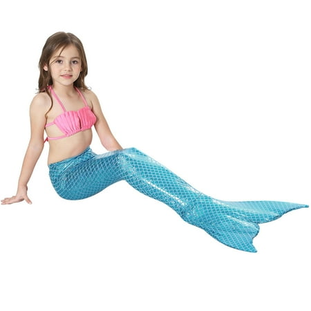 LAFGUR Girls 3pcs Swimwear Top Panties Mermaid Tail Swiming Costume Monofin Flippers Swimsuit,Kids Memaid Costumes, Girls Meimaid Costumes