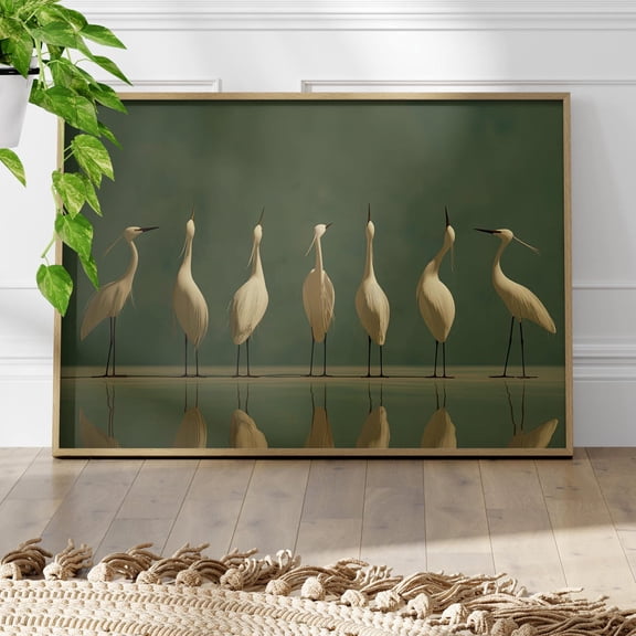 Elegant Egrets Wall Art, Sage Green Minimalist Bird Decor, Unframed Paper Print Size 8x12
