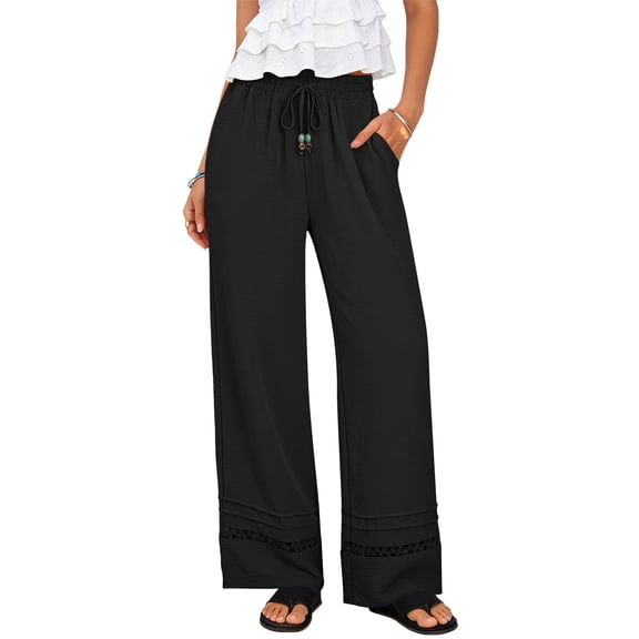 Cagogo Women Wide Leg Pants with Pockets Elastic Waist Casual Boho Lounge Trousers Solid High Waisted Long Flowy Beach Wear Travel Yoga Clothes, Black M