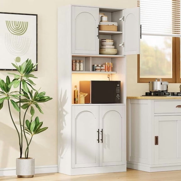 71 Inch White LED Light Pantry Cabinet, Microwave Shelf Freestanding Storage Hutch for Kitchen Dining Bathroom