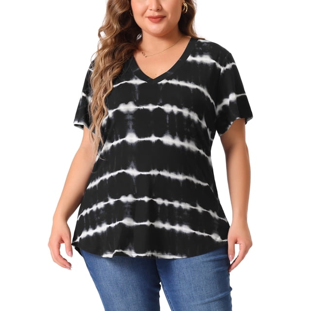 Blusas de mujer de tallas grandes Agnes Orinda, casuales, con cuello en V, de manga corta, con estampado de teñido anudado, tops de verano 3X en negro