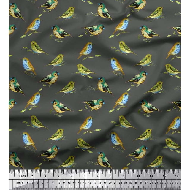 Soimoi Modal Satin Fabric Flycathcer Bird Print Fabric by Yard 42 Inch Wide