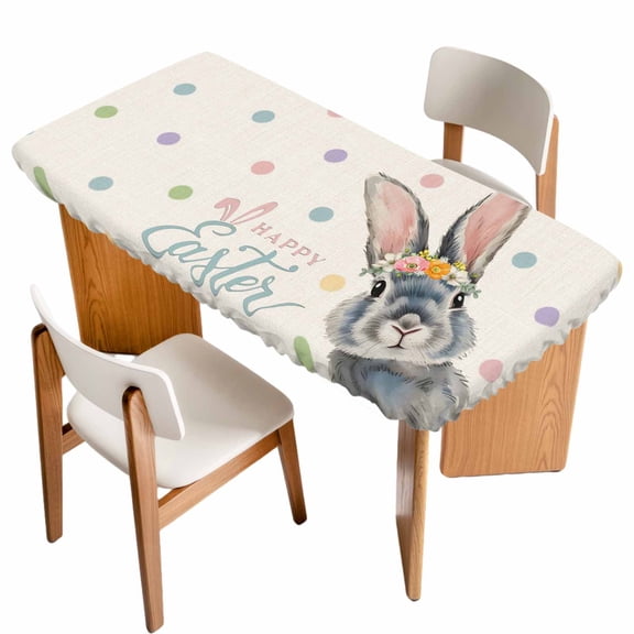 Happy Easter Table Cloths for 3 Foot Rectangle Tables, Spring Rabbits Polka Dots Beige Burlap Patio Waterproof Elastic Fitted Tablecloths, Washable Rectangular Table Cover for Camping