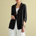 thumbnail image 4 of Wyobmus Summer Linen Blazer for Women Lightweight 3/4 Stretchy Ruched Sleeve V Neck Casual 2 Button Blazer Jacket With Pockets M-3X Black, 4 of 7