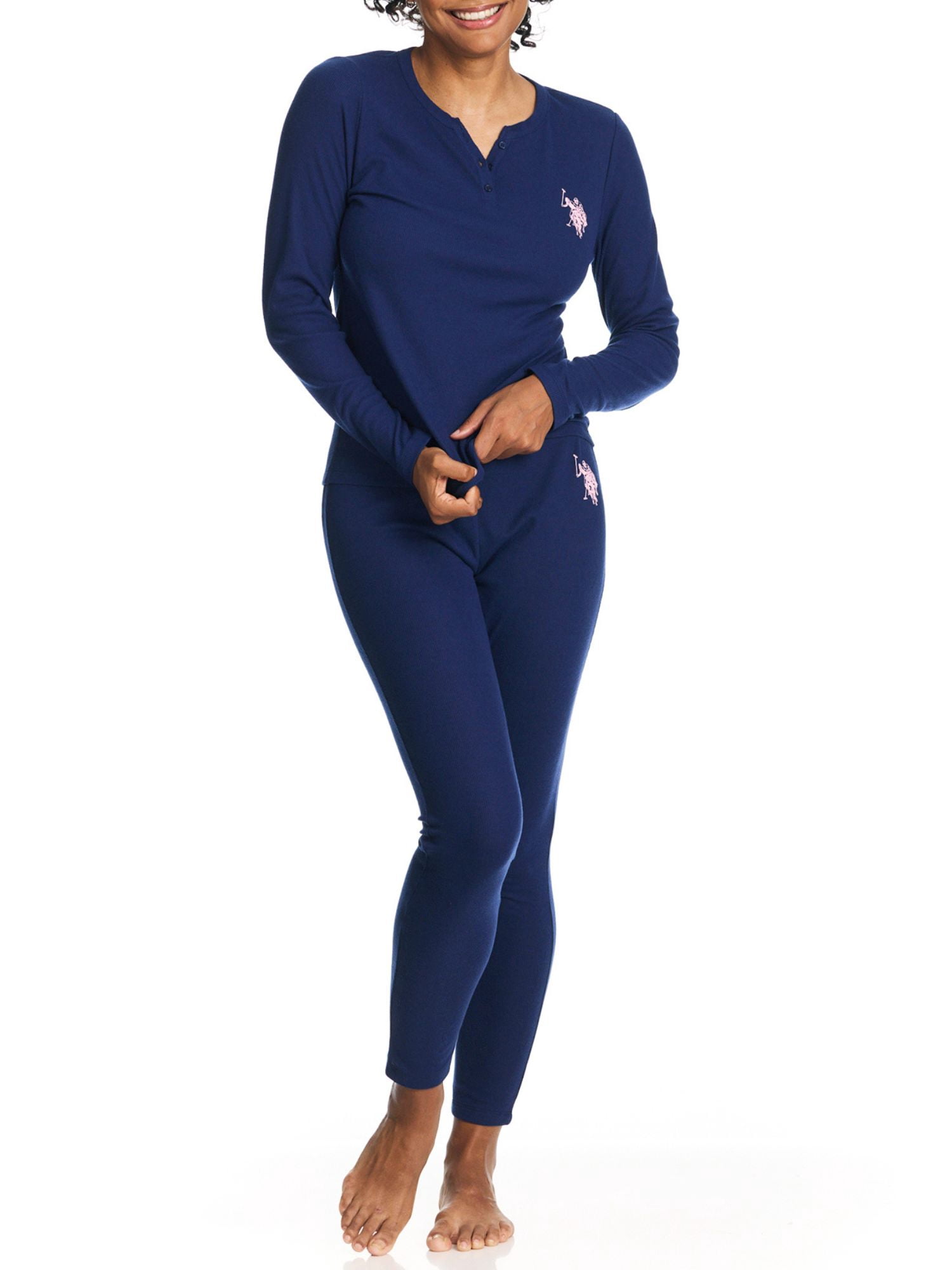 U.S. Polo Assn. Women's Ribbed Henley Long Underwear Thermal Set, 2-Piece Set, Sizes S-3X