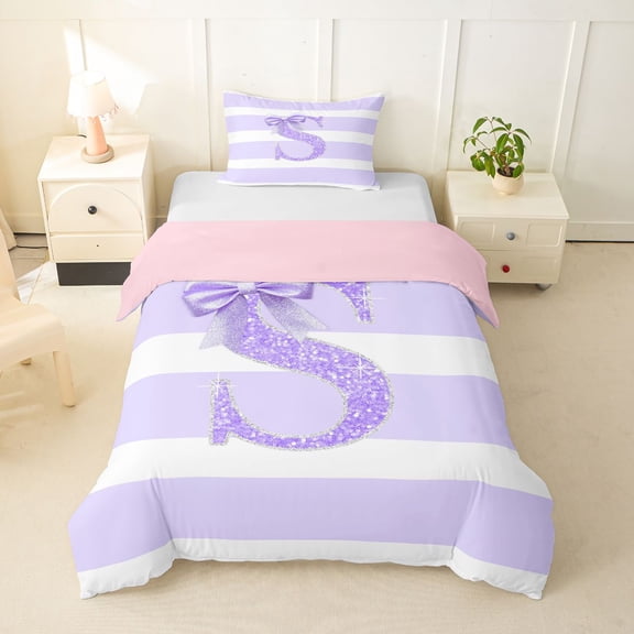 Erosebridal Glitter Print Personalized Initial S Girl Twin Bedding,Kids Teens Purple Bow Geometric Stripes Duvet Cover Set,Pink Reversible,2pcs,No Comforter