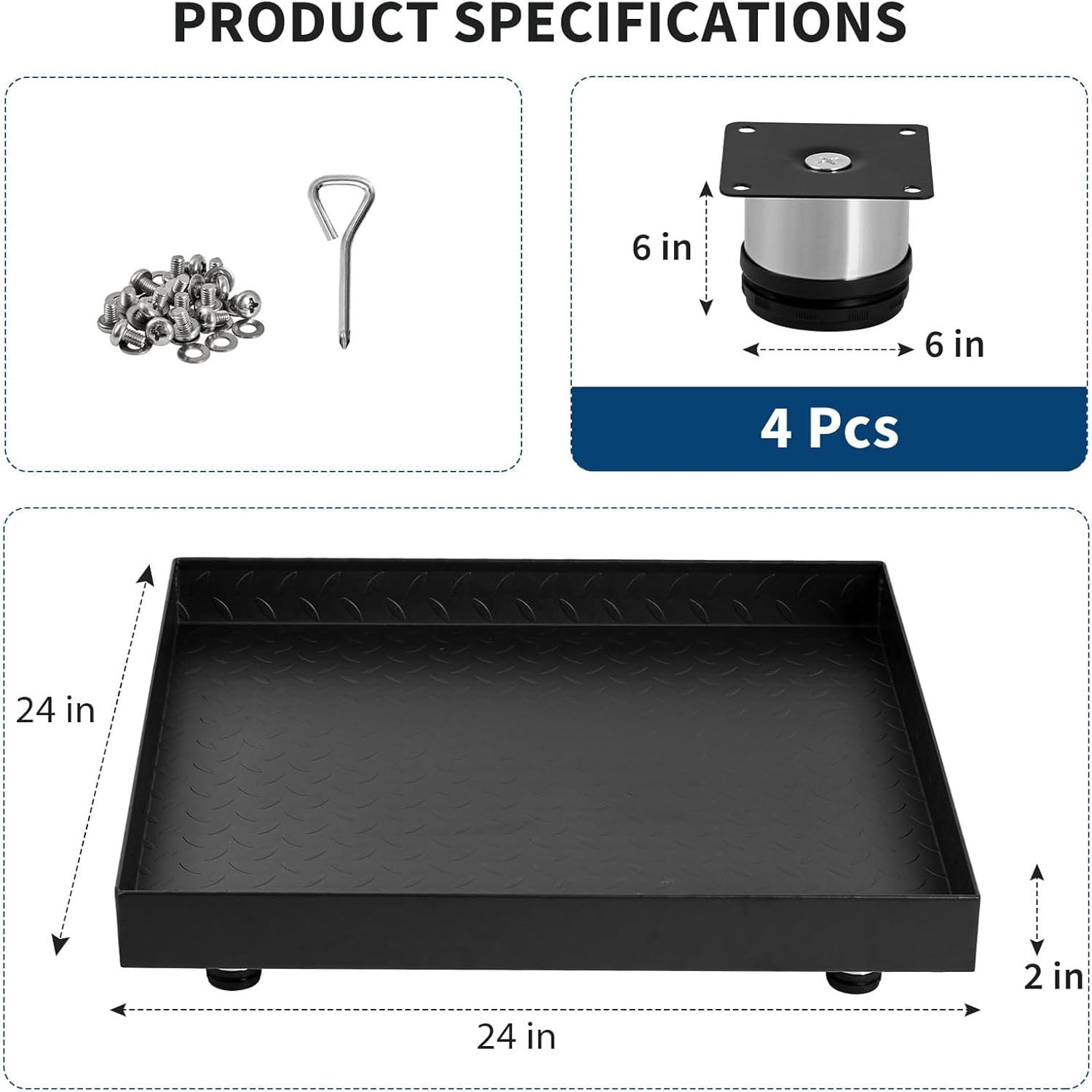 Studyset Heavy-Duty Carbon Steel Washing Machine Pan - 24x24x2in Rust-Free Water Damage Protection with 4 Anti-Vibration Feet, Easy Install No-Hole Design