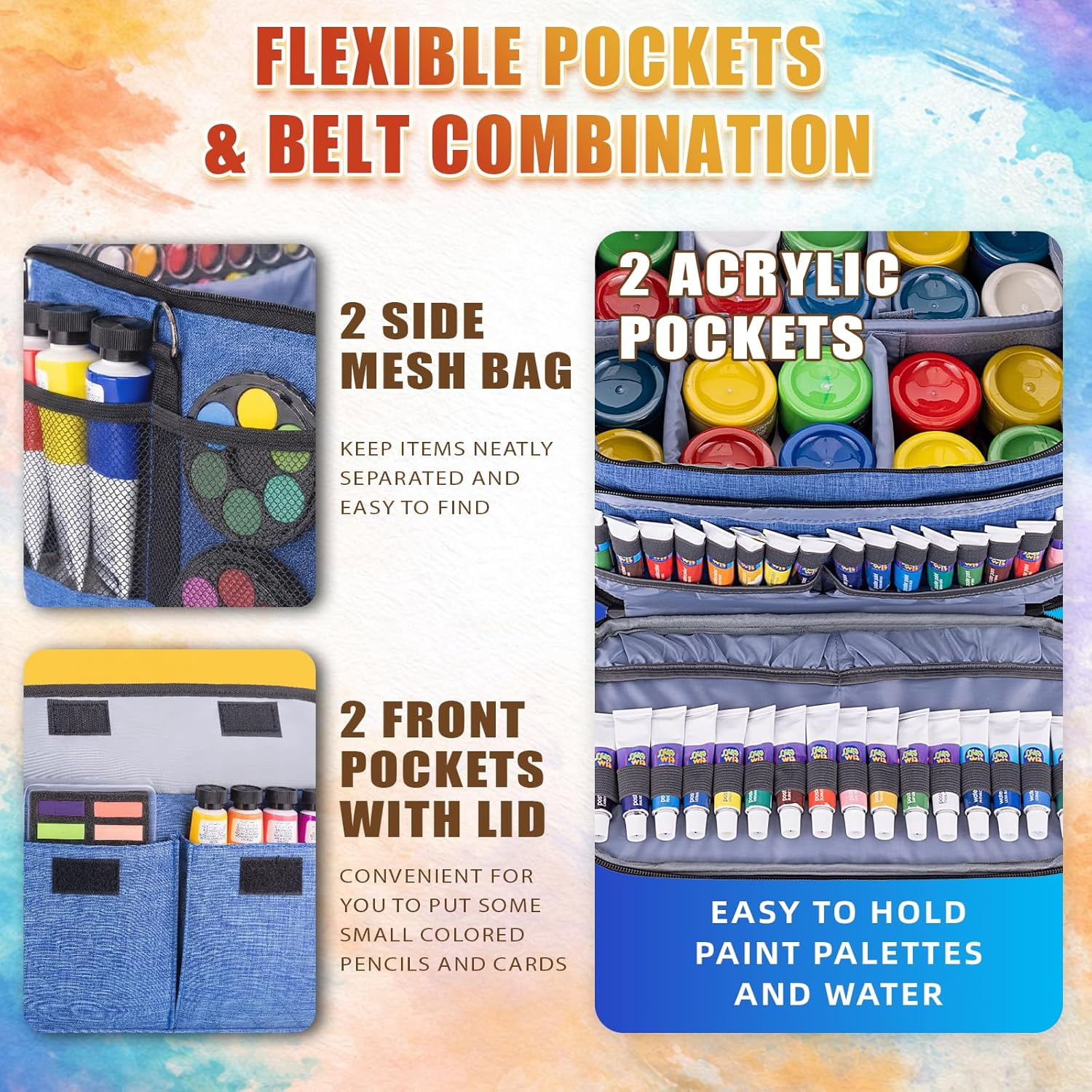 LAVFOX Acrylic Paint Organizer Bag, Travel Craft Storage Case with Adjustable Dividers for Multi-Size Bottles, Portable Art Supply Tote Features 12-Slot Brush Holder and Clear Pocket, Ocean Blue