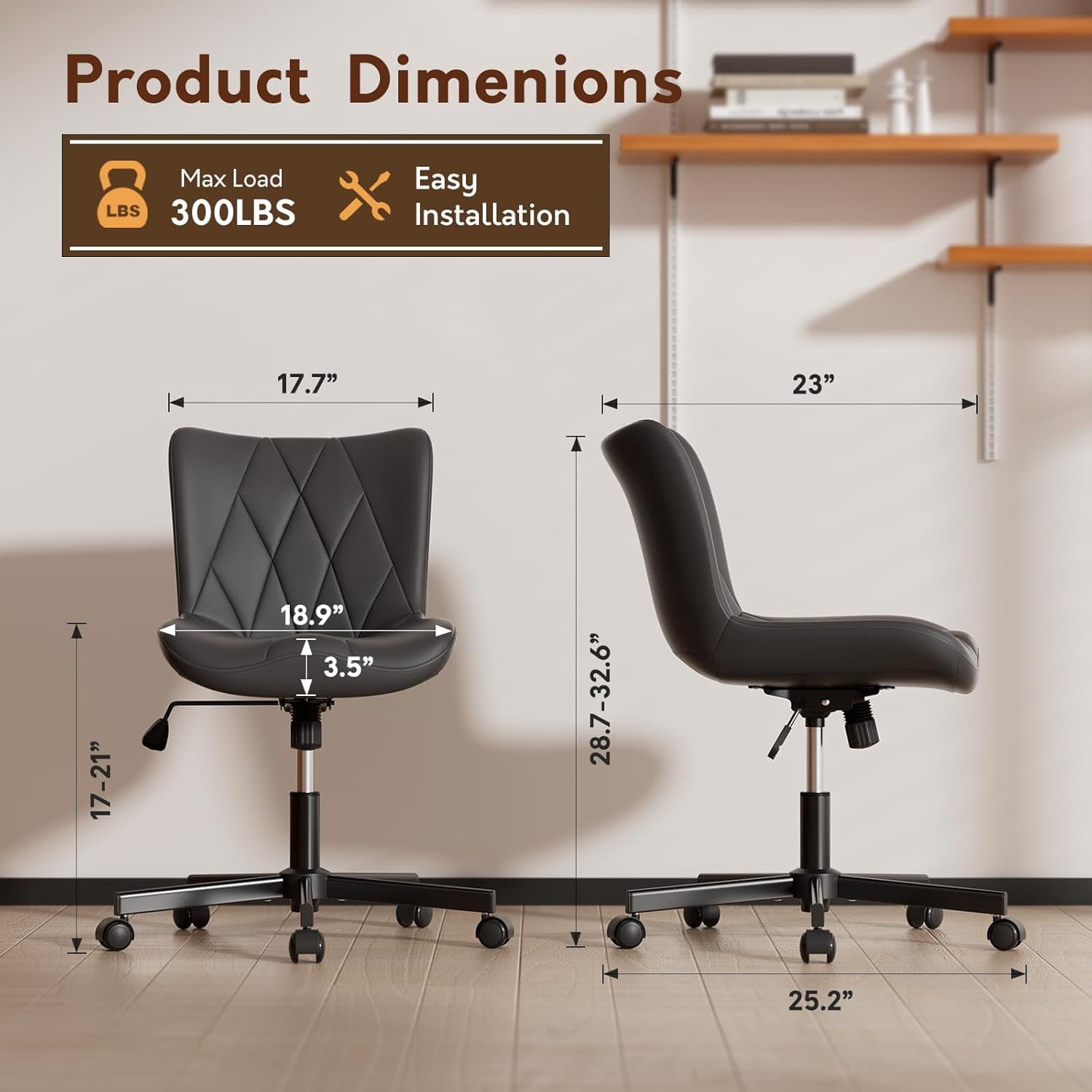 HomeZeer Space Saving Armless Office Chair with Wheels, Adjustable Height PU Leather Swivel Computer Task Chair, Soft Padded Mid Back Vanity Chair Design for Home Office & Small Spaces, Black
