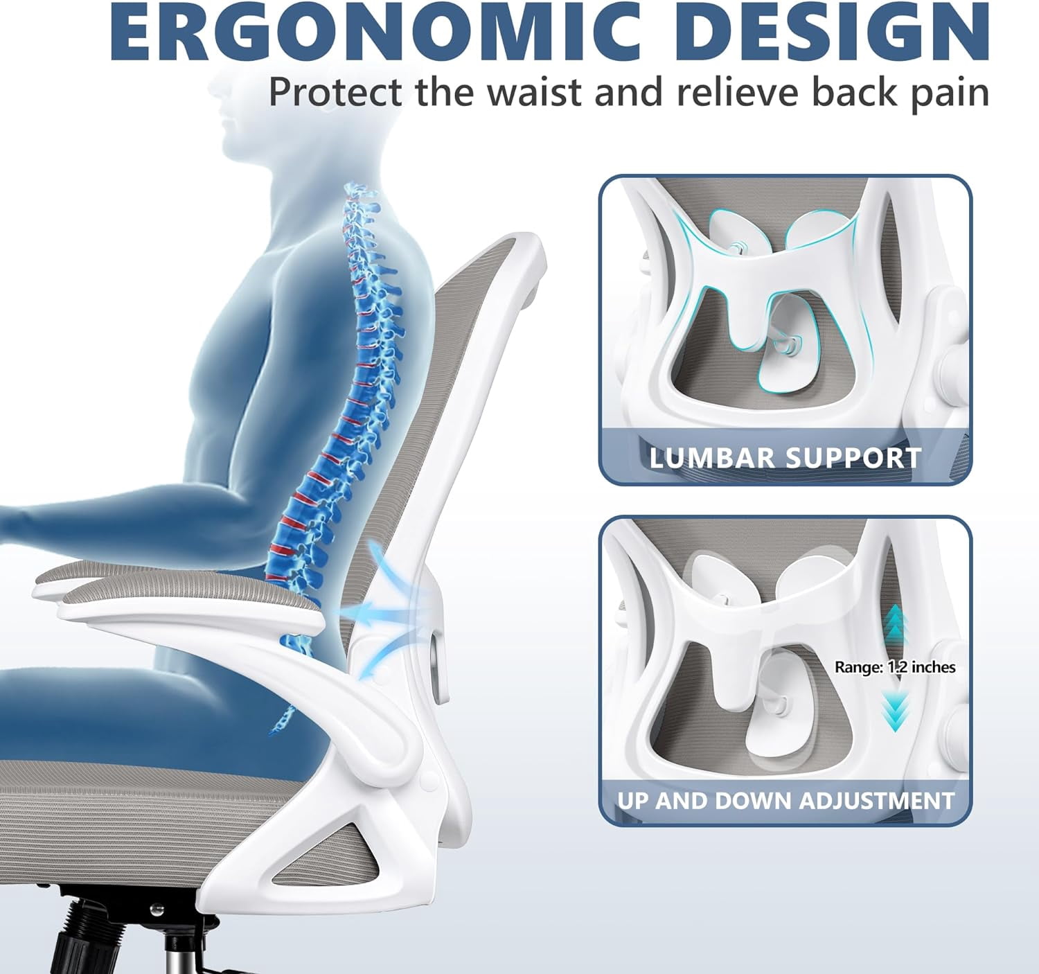 Office Chair, Ergonomic Desk Chair with Adjustable Height and Lumbar Support Swivel Desk Computer Chair with Flip up Armrests for Conference Room, Drak Gray