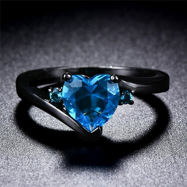 Love Aquamarine Zircon Black Metal Anillo en forma de corazón Joyería de compromiso de boda Wmkox8yii fajkfhkj2990