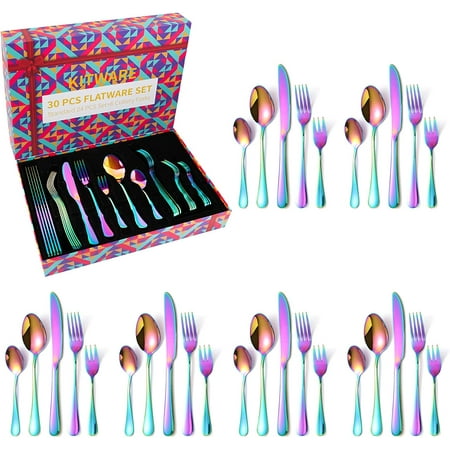 

Rainbow Silverware Set with Gift Box for 6 Colorful Stainless Steel Flatware Cutlery Set Home Kitchen Tableware Utensil Set Include Spoons Forks Knives