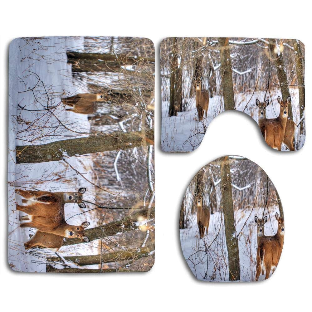 GOHAO Deer Forest Trees 3 Piece Bathroom Rugs Set Bath Rug Contour Mat