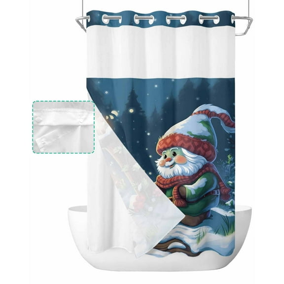 No Hook Shower Curtain with Snap in Liner, Cute Gnome in Light Snowflakes Green Trees Hotel Shower Curtains for Bathroom, Washable Shower Curtain Liner Set with Mesh Top Window, 36"x78"