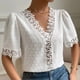 thumbnail image 4 of Blusas sueltas de manga corta con cuello en V de color sólido informal para mujer con estilo OAVQHLG3B Store lin121212, 4 of 5
