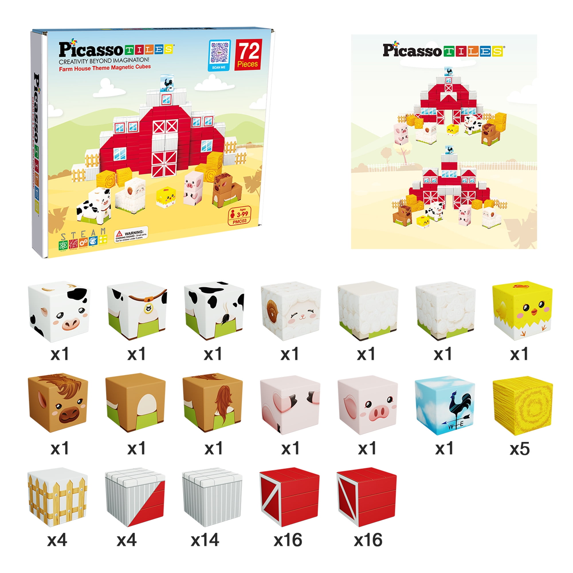 PicassoTiles 72PCS Farm House Magnetic Cube Set, Mix & Match Building Blocks with 5 Character Action Figures, STEM Educational Sensory Toy for Kids 3+