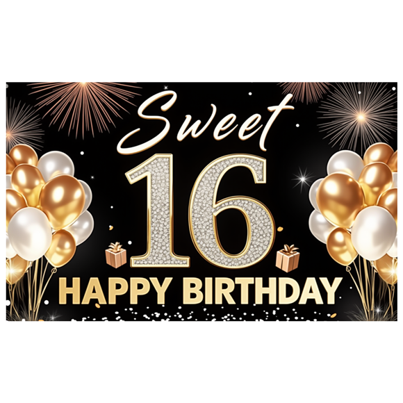 Pink Sparkle Birthday Banner Sweet 16 Celebration Decorative Design Balloon Gifts for Teen Party Girls Event