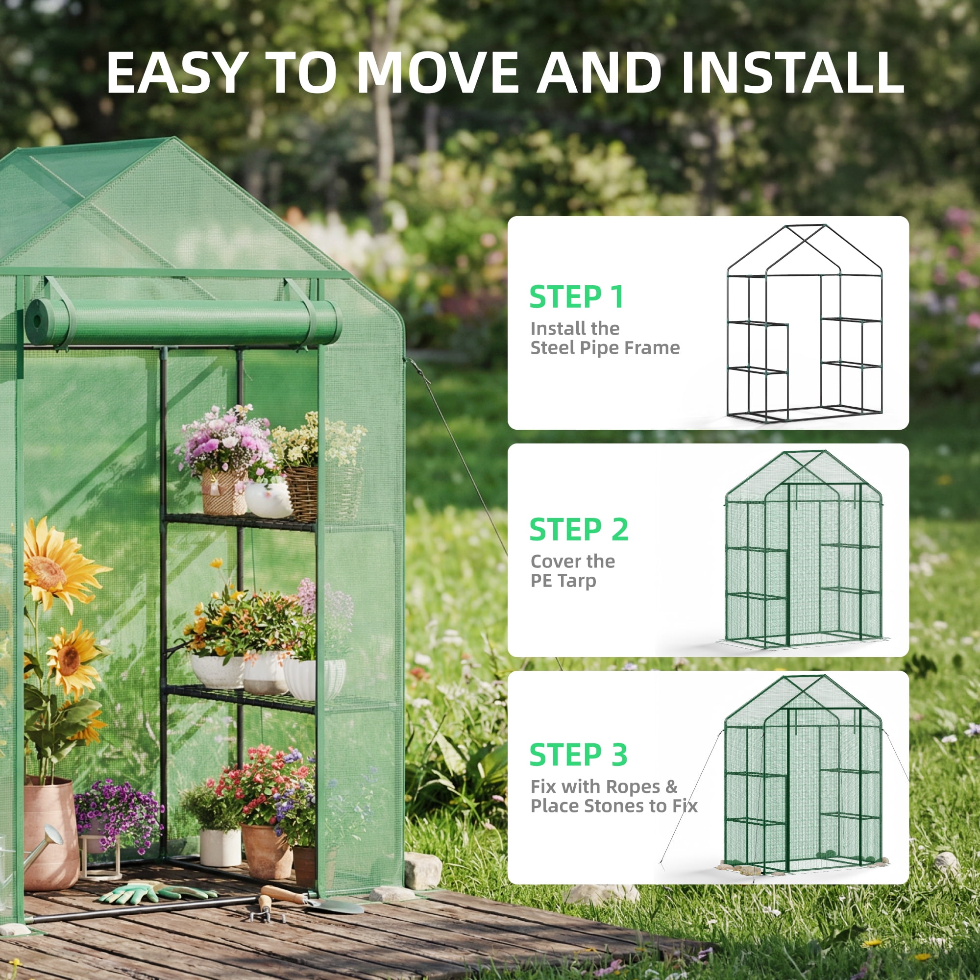 Biotree Greenhouses for Outdoors, Durable Green House Kit with Window, 3 Tiers 8 Shelves, Green