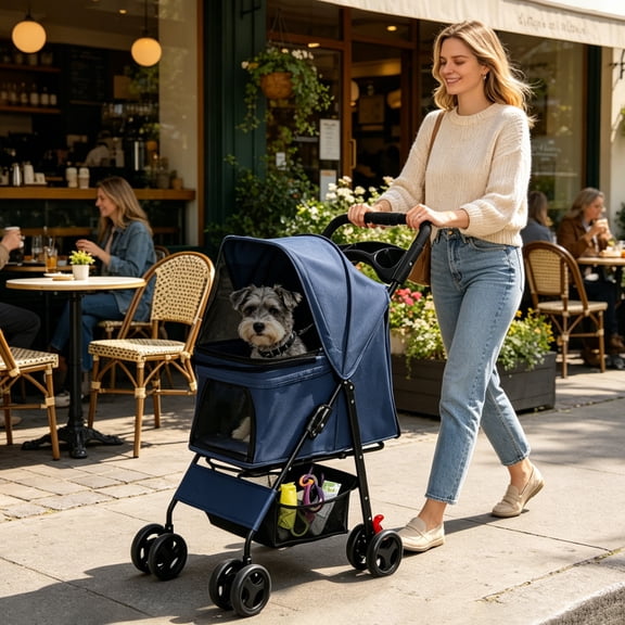 HomePerch Foldable Pet Stroller for Small Dogs & Cats Up to 28 lbs, 4-Wheel Dog Cat Stroller with Storage Basket, Tray, 2 Safety Leashes & Breathable Mesh, Blue