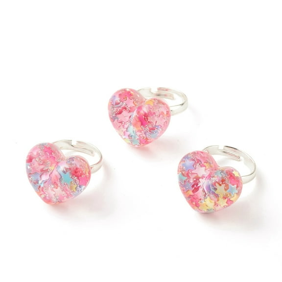 3D Resin Heart with Star Adjustable Ring Brass Jewelry for Women Platinum Hot Pink Size 3(14mm)