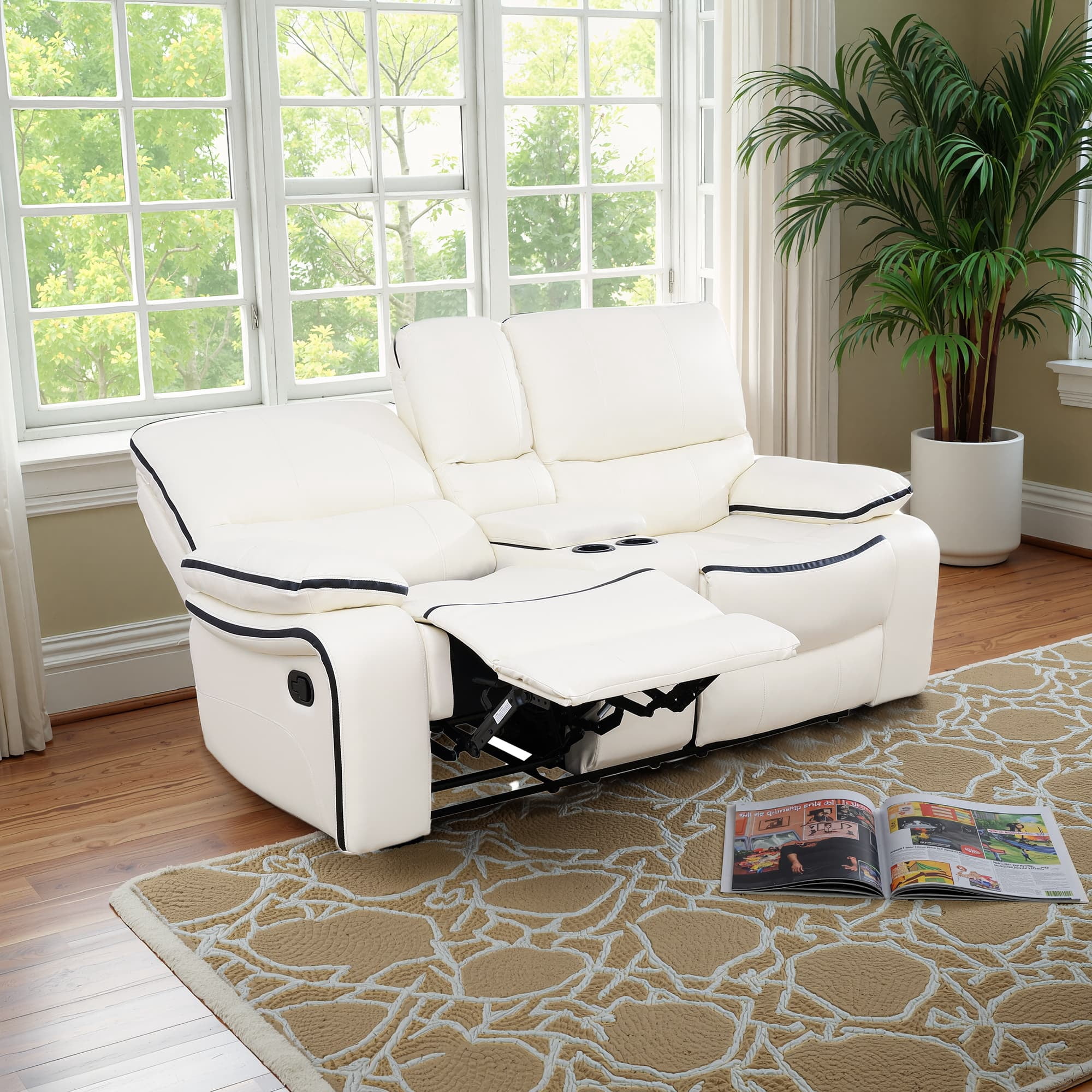 MAYEERTY Power Reclining Loveseat, Electric 2-Seat Breathable Leather Recliner with Storage & Cup Holders for Living Room, White