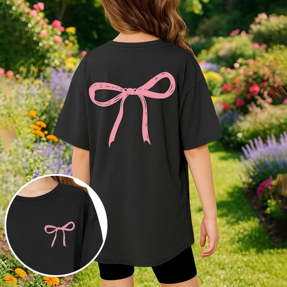 Girls T shirts Short Sleeve Crewneck Bow Print Graphic Tees Casual Loose Cute T-Shirts for Girls Size 3-4Y