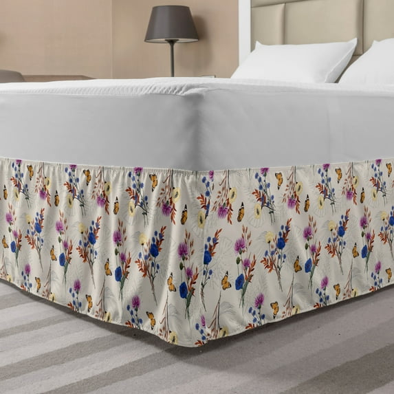Flowers Insects Bed Skirt, Various Kinds of Garden Flowers Plants and Butterflies, Elastic Bedskirt Dust Ruffle Wrap Around for Bedding Decor, 4 Sizes, Pale Eggshell Multicolor, by Ambesonne