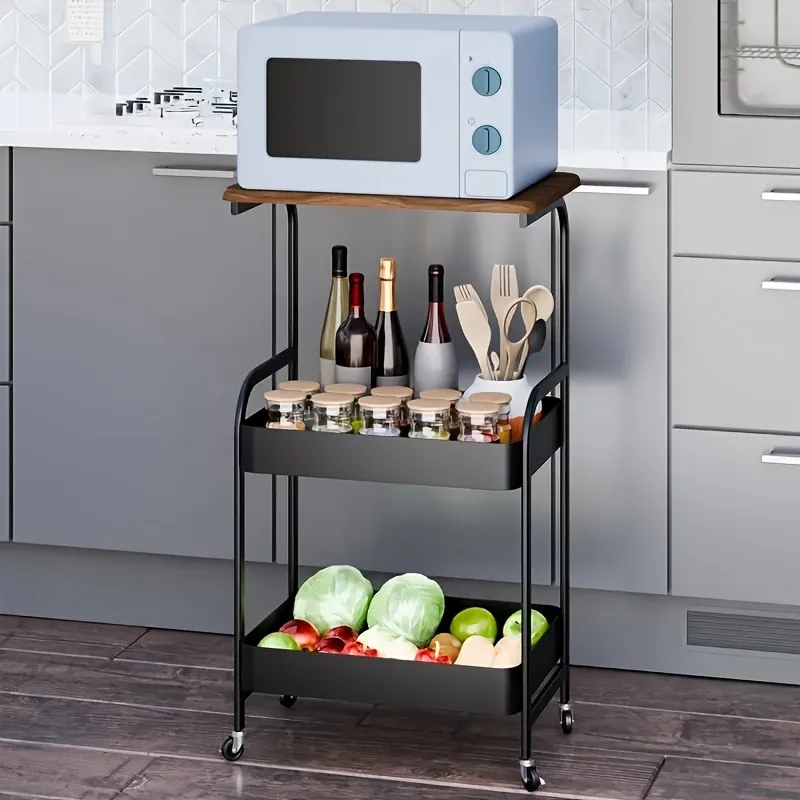 3-Tier Rolling Metal Utility Cart with Wooden Desktop, Lockable Wheels, Multifunctional Storage Rack & Printer Stand for Kitchen Office Bedroom Living Room