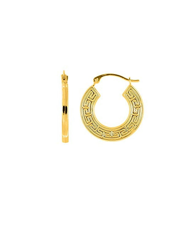 14k Real Yellow Gold Greek Key Hoop Earrings
