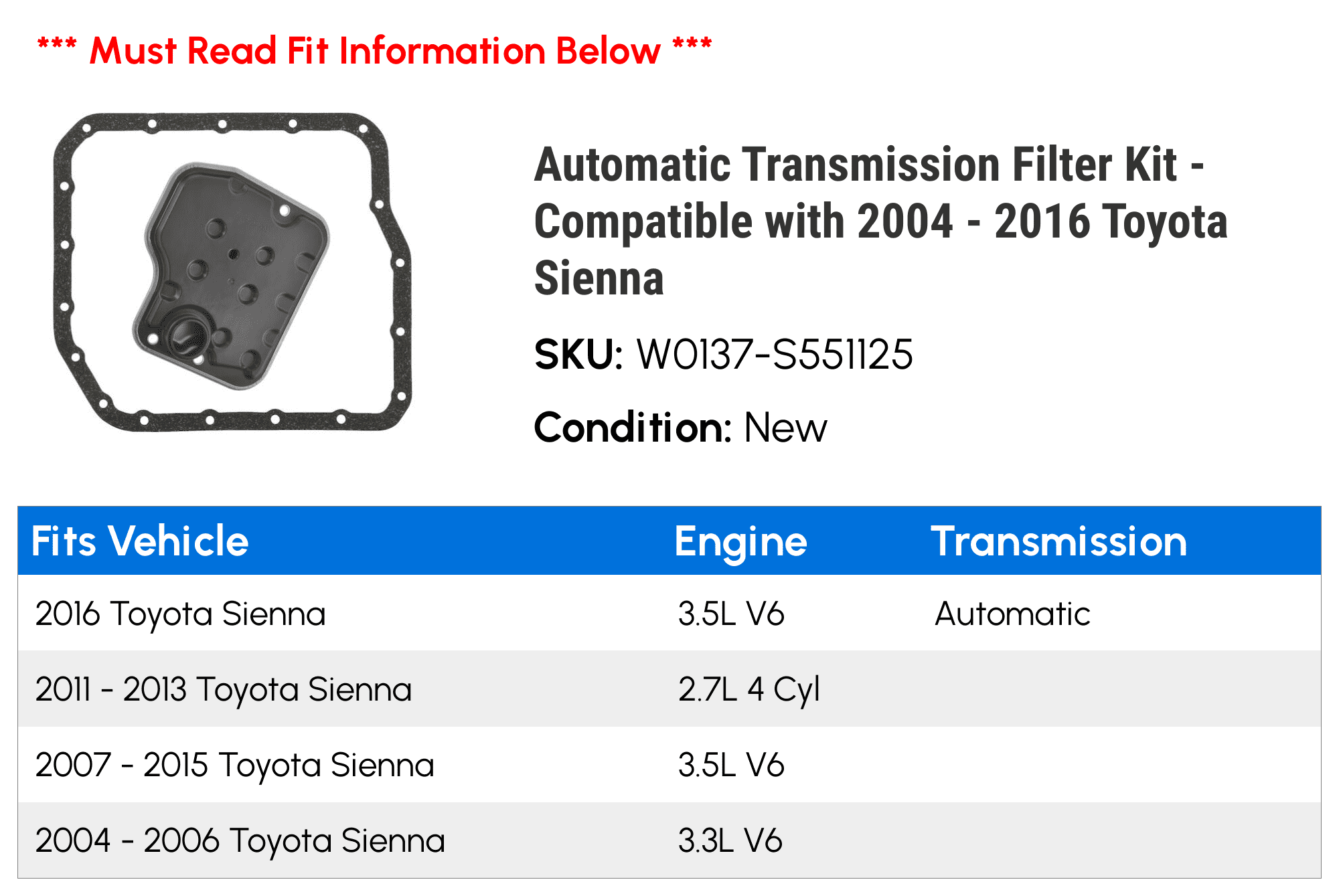 Automatic Transmission Filter Kit - Compatible with 2004 - 2016 Toyota Sienna 2005 2006 2007 2008 2009 2010 2011 2012 2013 2014 2015