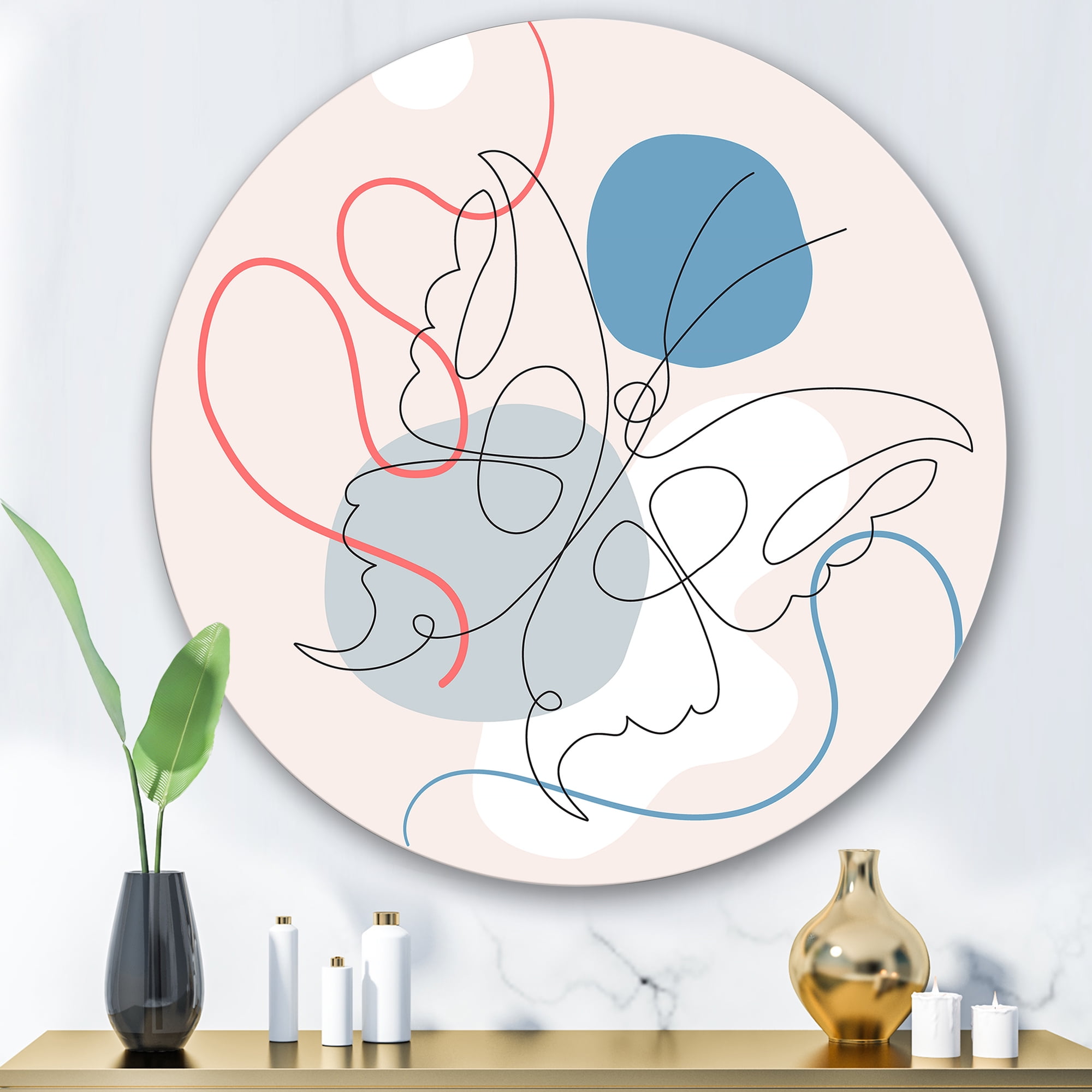 Designart 'Butterfly With One Line Drawing On Cubism Shapes I' Modern Circle Metal Wall Art 29x29 - Disc of 29