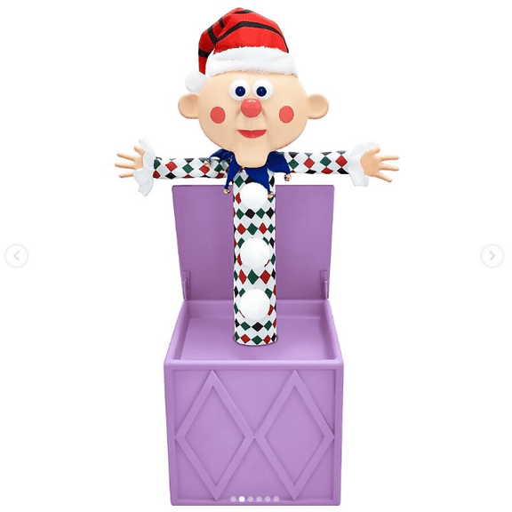 Christmas Rudolph the Red-Nosed Reindeer Charlie-in-the-Box - Christmas Themed Pop-Up Style Character Decor, Purple Diamond Pattern Box Festive Tabletop Ornament