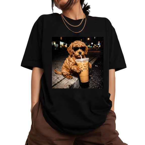 UNISHE Women's Trendy Shades Curly Poodle Sipping Boba Nightside Graphic Short-Sleeve T-Shirt Black Size S-5XL Crewneck Tops